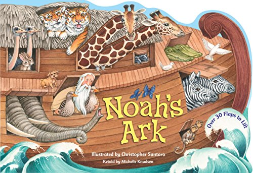 Noah’s Ark book cover with various animals and a bearded man.
