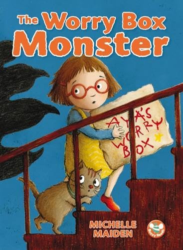 Child with a large bag labeled "Maya's Worry Box" and a cat on stairs.