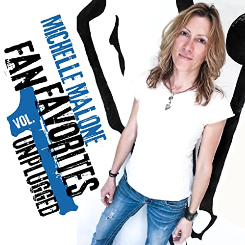 Michelle Malone wearing a white t-shirt and jeans with album text on the left.