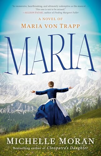 Book cover: woman in blue dress with arms outstretched, mountains backdrop.