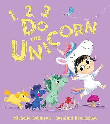 A child in a unicorn costume dances with three small unicorns on a purple background.