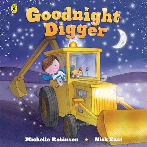 Book cover: yellow digger with a child waving, nighttime scene.