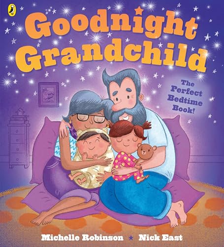 Book cover: grandparents, parents, and baby cuddling on a purple sofa.