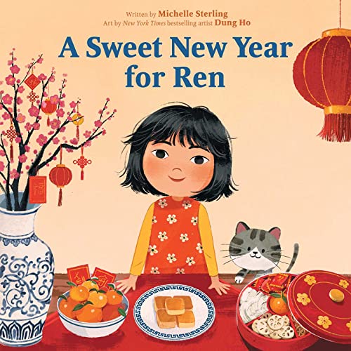 Book cover: girl with cat, Lunar New Year decorations, and food.