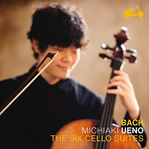 Cellist Michiaki Ueno playing, album cover for Bach’s Cello Suites.