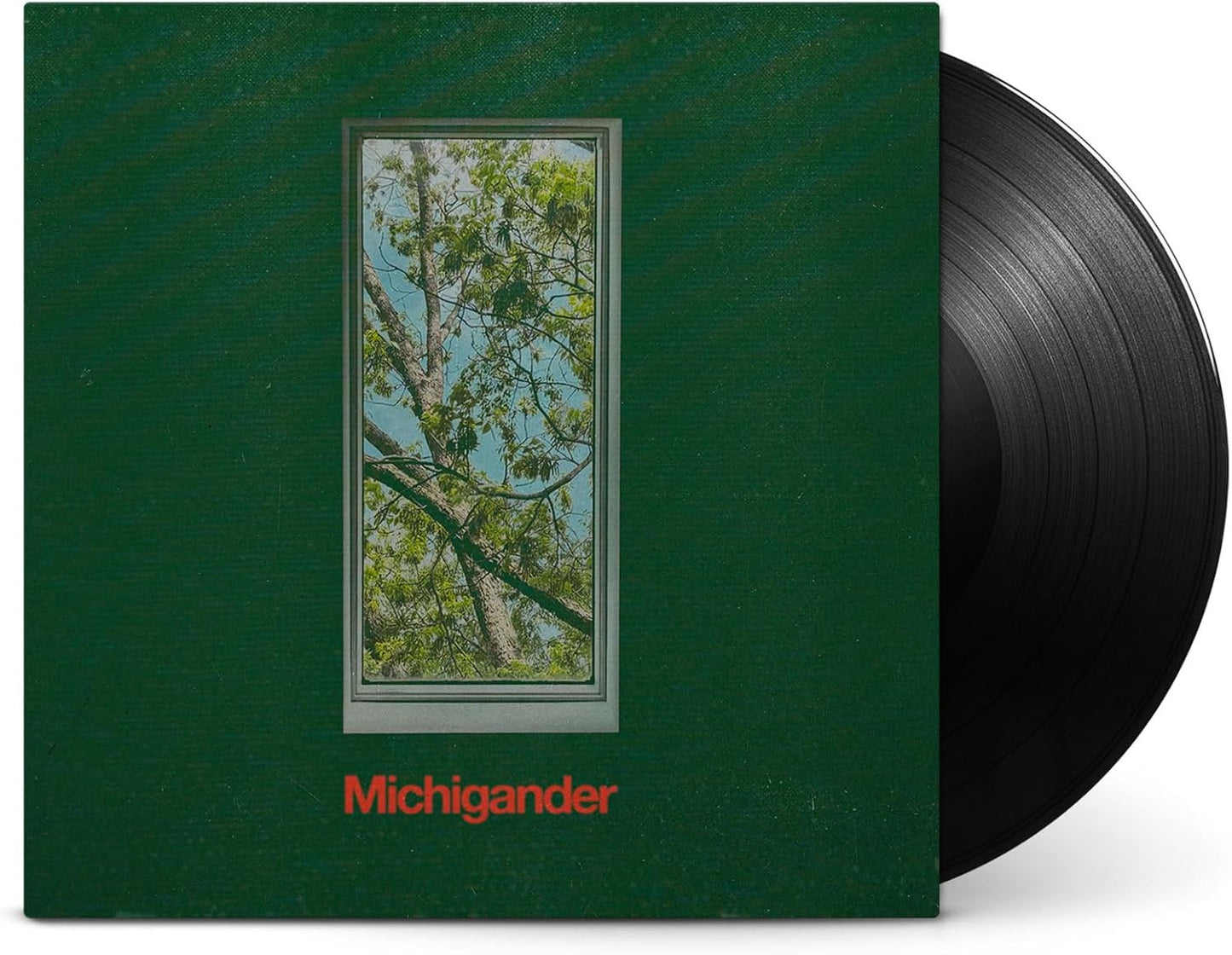 Vinyl record cover featuring a window view of trees on green background with text.