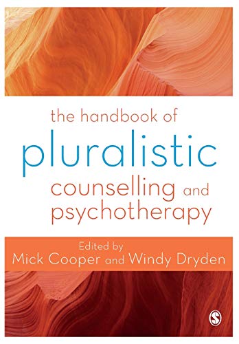 Book cover: "The Handbook of Pluralistic Counselling and Psychotherapy", orange abstract design.