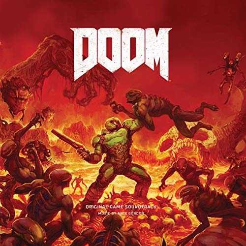 "Album cover for 'Doom' soundtrack featuring a green character fighting monsters in a fiery landscape."
