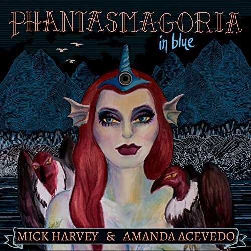 Album cover: woman with red hair, flanked by vultures, blue mountains.