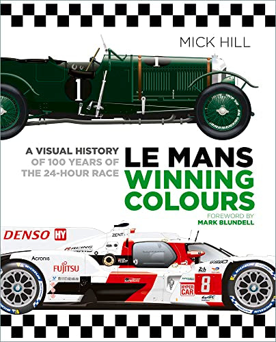 Book cover featuring a vintage green race car above a modern white race car.