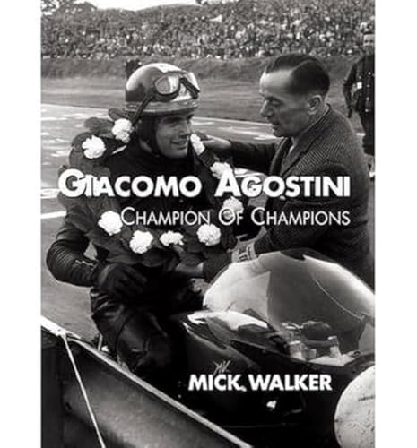 Black and white photo of Giacomo Agostini on a motorcycle wearing a victory wreath.