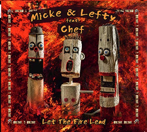 "Album cover with three wooden figures against a fiery red and orange background."