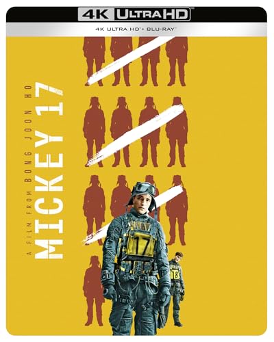 “Mickey 17” 4K Blu-ray cover featuring a suited figure and silhouetted people.