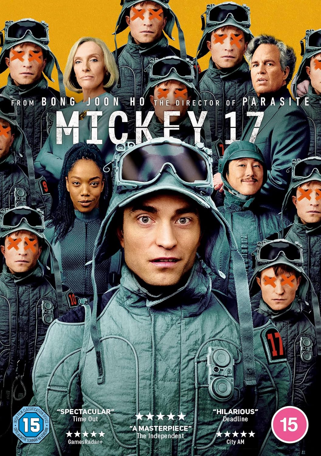 Mickey 17" DVD cover featuring a group of people in futuristic military gear.
