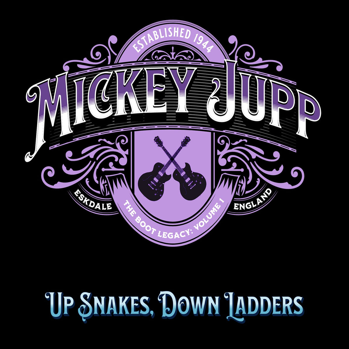 Mickey Jupp album cover: ornate purple design with two guitars.