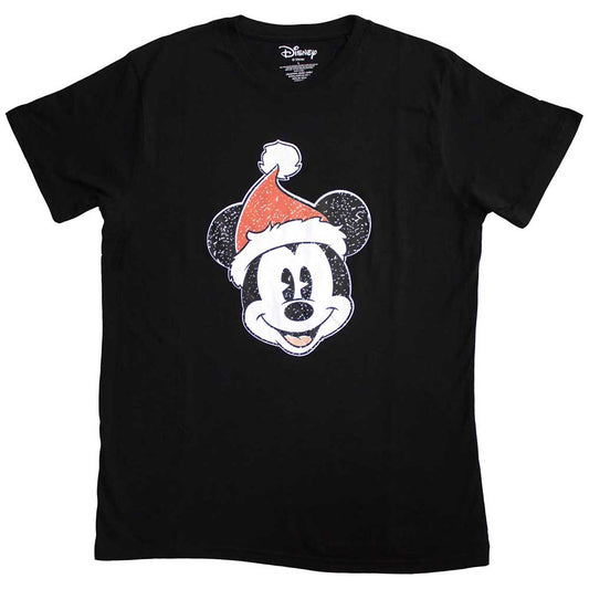 Medium t-shirt featuring Mickey Mouse wearing a red Santa hat.