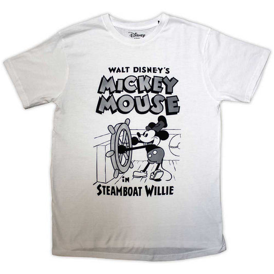 Black t-shirt featuring a vintage, black-and-white Steamboat Willie Mickey Mouse graphic.