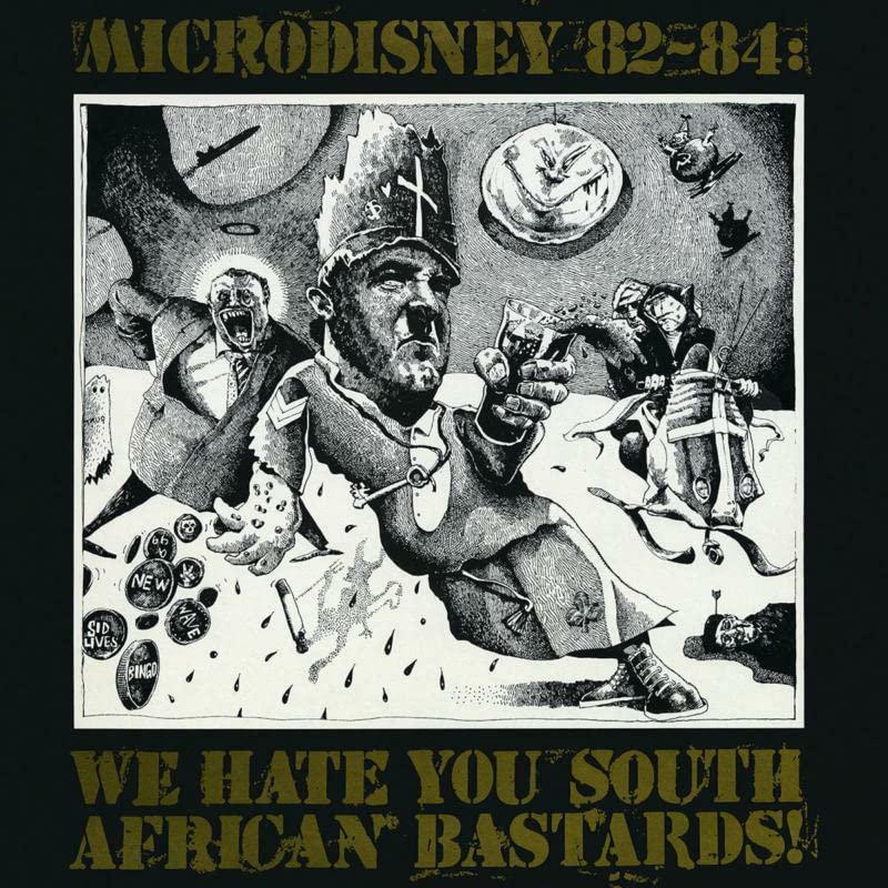 Black and white album cover with chaotic, darkly humorous cartoon imagery.