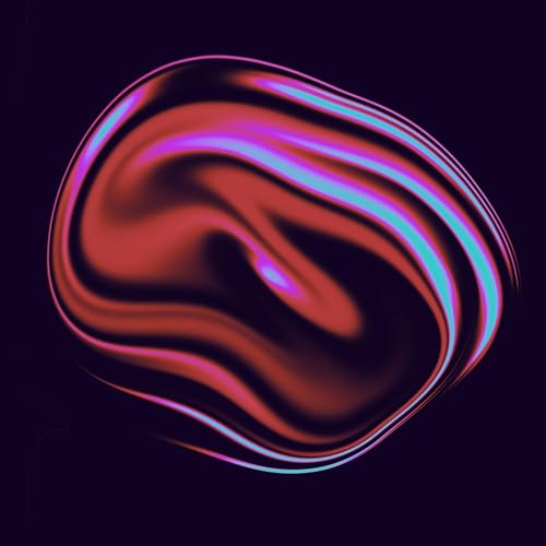 Iridescent, swirling abstract shape against a dark background, resembling vinyl.