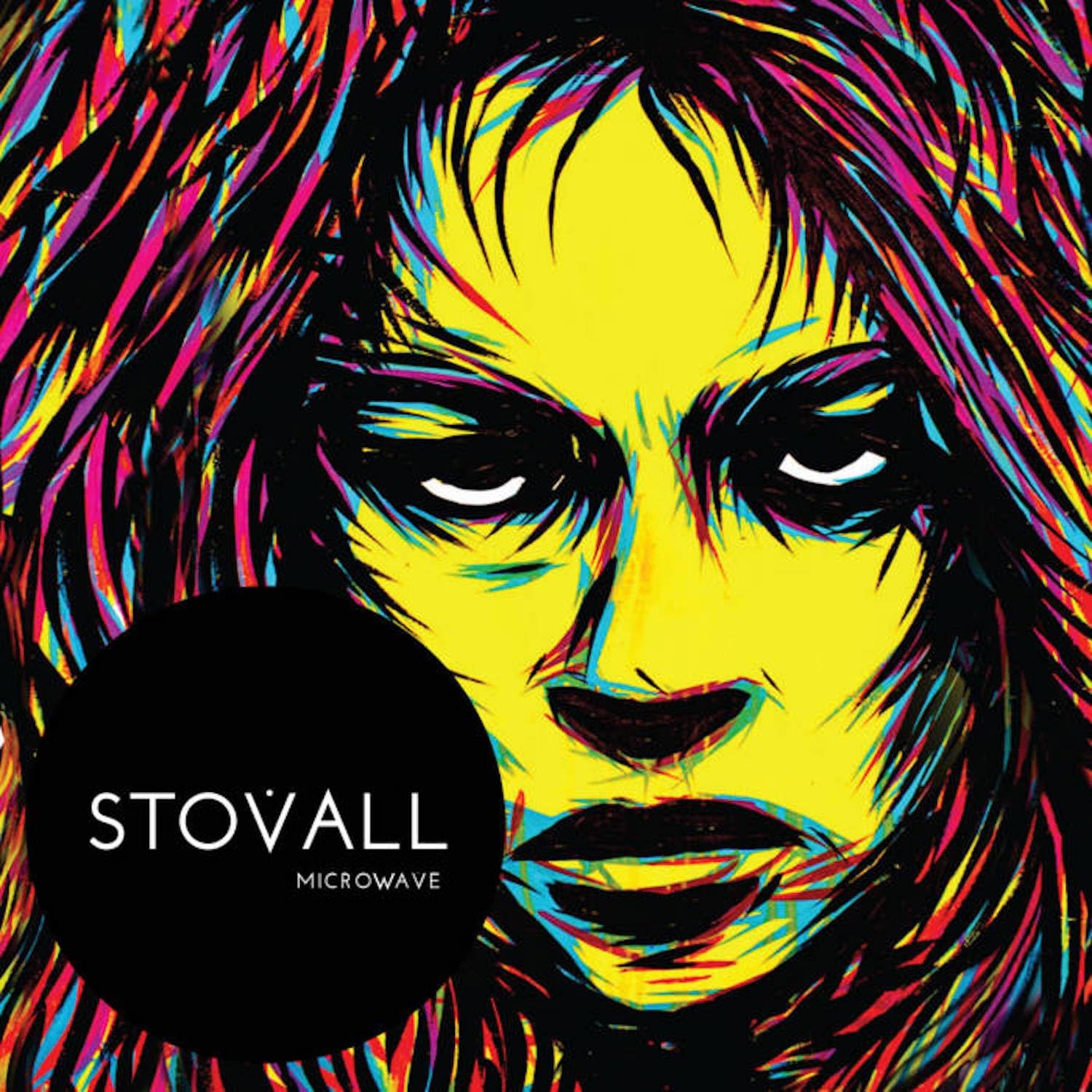 Stylized portrait of a face with colorful, expressive brushstrokes and a black circular logo.