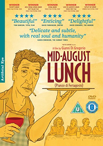 DVD cover for "Mid-August Lunch" with a man holding a wine glass.