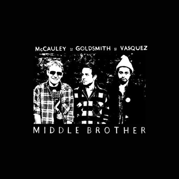 Black and white portrait of three men, band Middle Brother, with text.