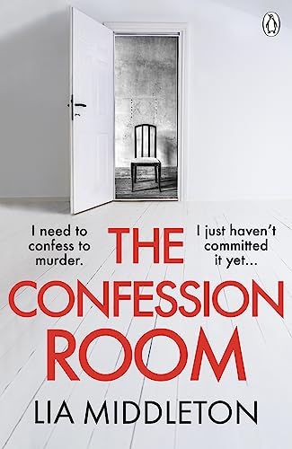 Book cover: open door revealing a chair, red title “The Confession Room.”
