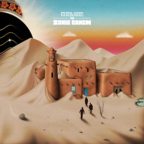 Album cover for Midland’s “The Sonic Ranch” featuring a desert landscape and building.