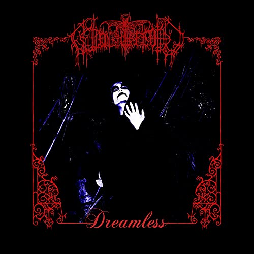 Dark album cover featuring a figure in shadow framed by ornate red designs.