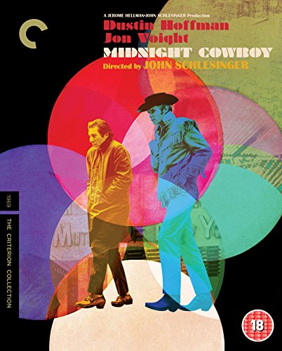 Midnight Cowboy Blu-ray cover featuring stylized, colorful silhouettes of Dustin Hoffman and Jon Voight.