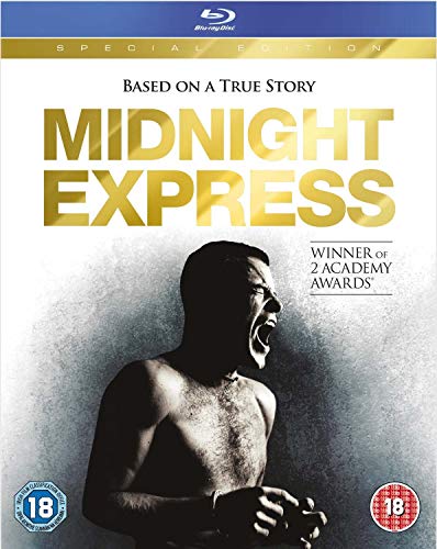 Blu-ray cover for Midnight Express featuring a shirtless man shouting against a textured background.