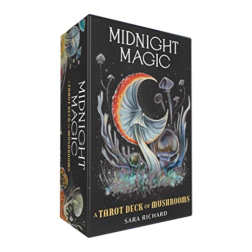 Boxed tarot deck with black cover featuring a crescent moon-shaped mushroom illustration.