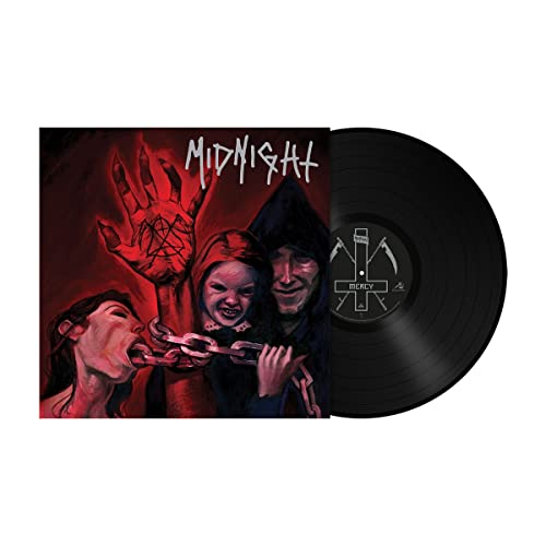 Vinyl record and album cover art featuring a dark, red-toned illustration of chained figures.