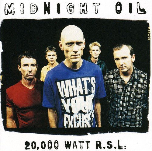 The band Midnight Oil poses against a black background on their album cover.