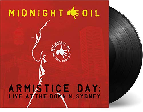Midnight Oil Armistice Day vinyl record cover with a black disc on red background.