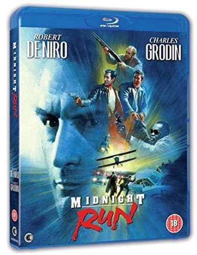 Blu-ray cover for “Midnight Run” featuring De Niro and Grodin with action scene.