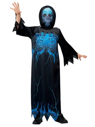 Child in a black hooded reaper costume with glowing blue skeletal details.