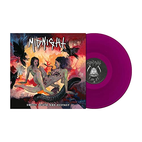 Purple vinyl record with cover art depicting figures and ravens.