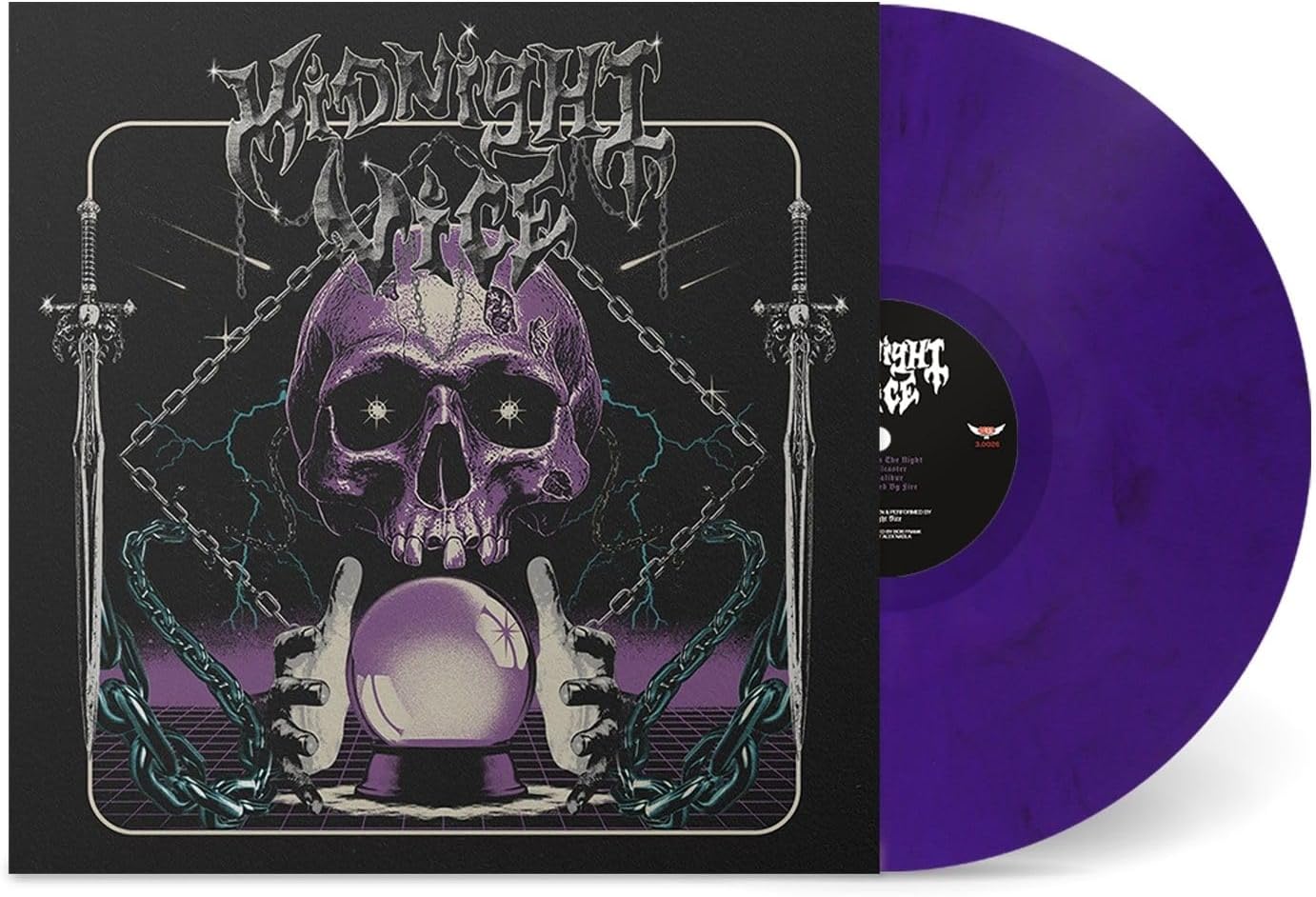 Purple vinyl record with skull, crystal ball, and ornate frame artwork.
