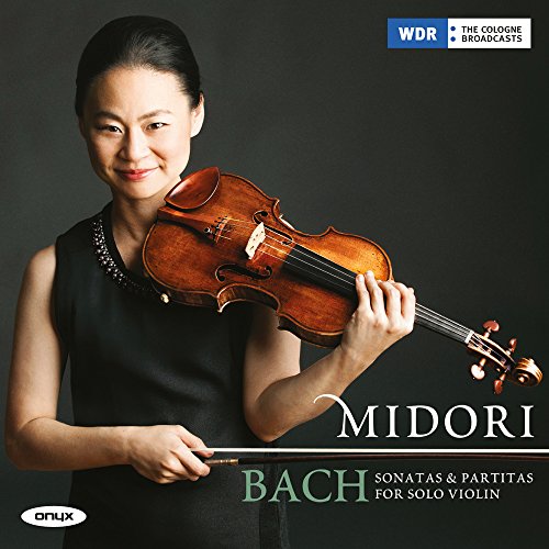 Midori holding a violin, album cover for Bach’s sonatas and partitas.