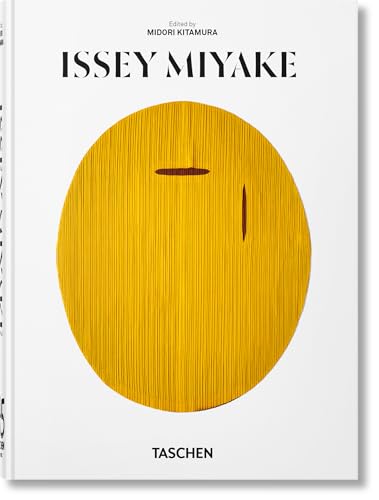 White book cover featuring the title Issey Miyake and a large yellow oval graphic.