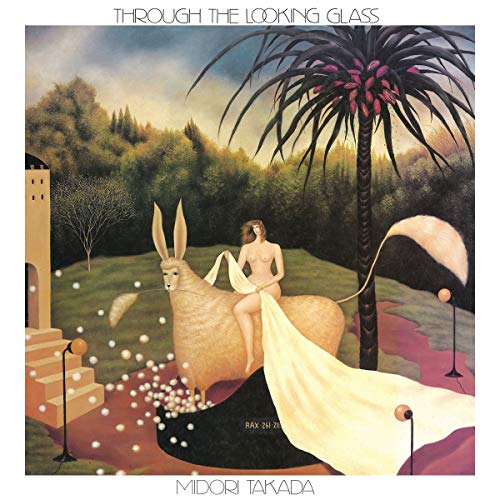 "Album cover art: surreal scene with a woman riding a rabbit-like creature."