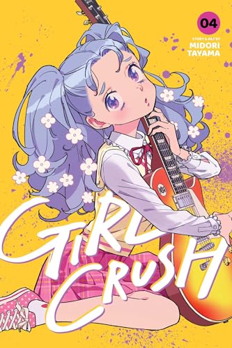 Anime girl with blue pigtails holding an electric guitar on a yellow background.