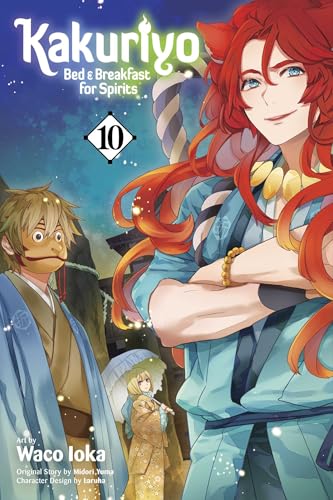 Kakuriyo volume 10 cover: two men and a small figure in traditional clothing.