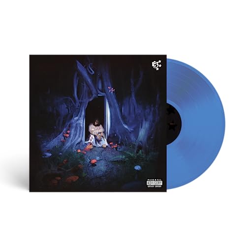 Blue vinyl record with album cover depicting a figure in a forest.