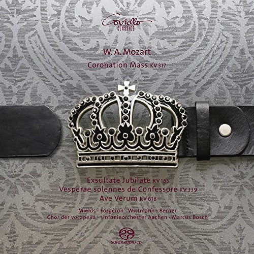 CD cover with silver crown on textured grey background, Mozart’s name visible.