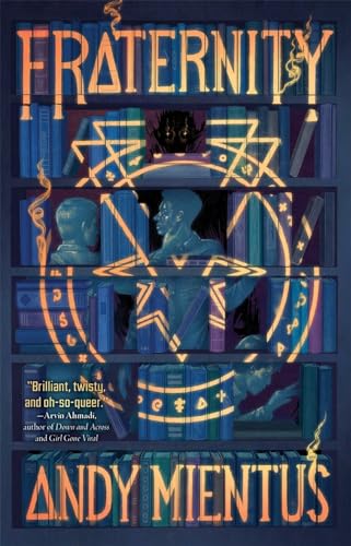 Book cover for "Fraternity" by Andy Mientus, featuring silhouettes and books.