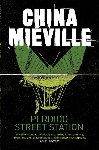 Book cover: "Perdido Street Station" with a green insect-like airship.