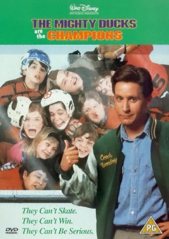 DVD cover for "The Mighty Ducks Are The Champions" featuring hockey players.