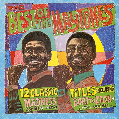 Crayon-style illustration of The Maytones on a colorful, geometric background with album text.